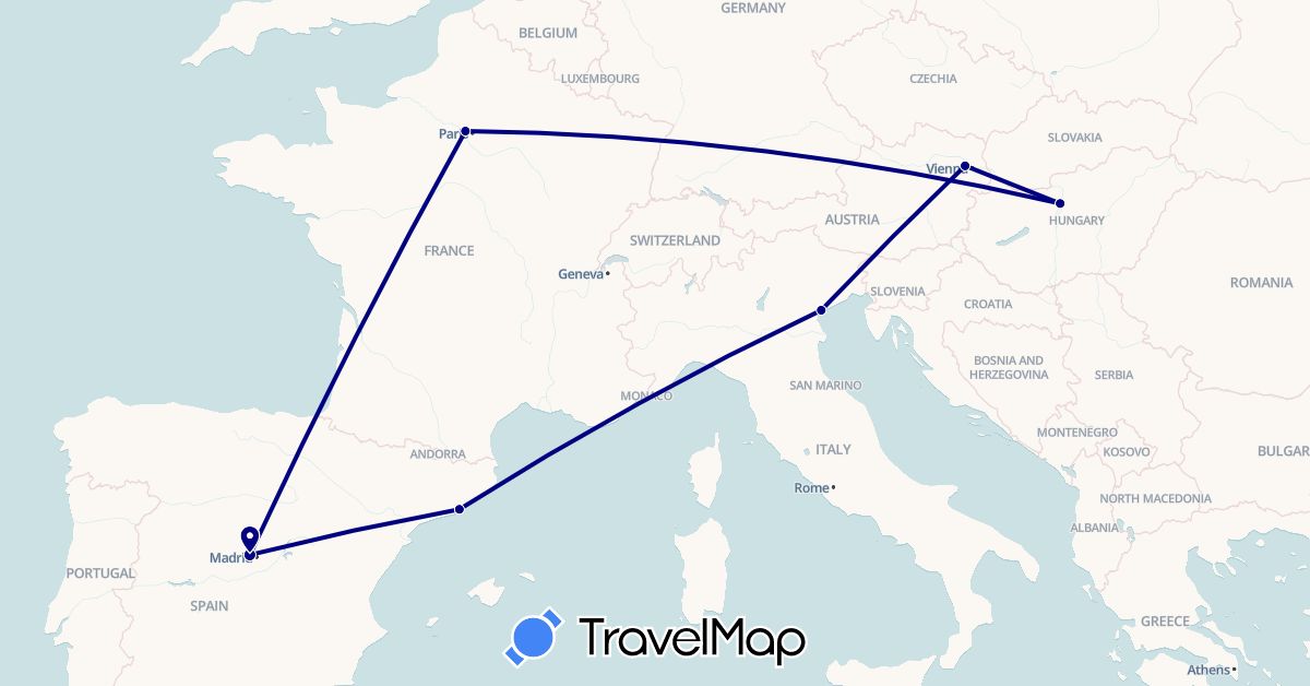 TravelMap itinerary: driving in Austria, Spain, France, Hungary, Italy (Europe)